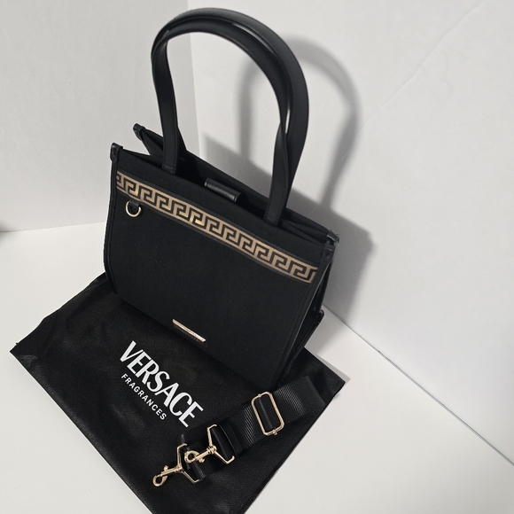 Versace Fragrances Engraved Gold Tone Black Canvas Gold Pattern Tote Handbag New - Picture 8 of 16